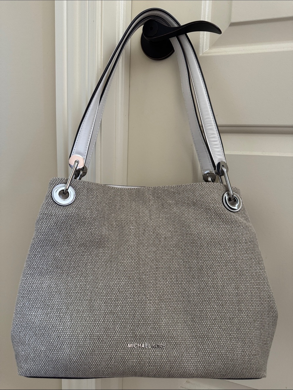 Michael Kors Beige Canvas Shoulder Bag with White Straps
Brand New